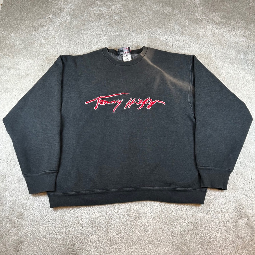 Vintage Tommy Hilfiger Sweatshirt Mens Large Black Red Script Logo Embroidered